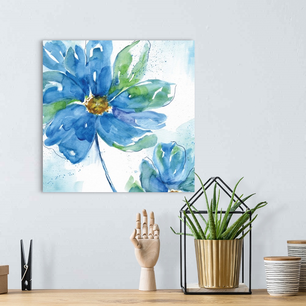 A bohemian room featuring Square watercolor painting of two flowers made with blue and green hues.