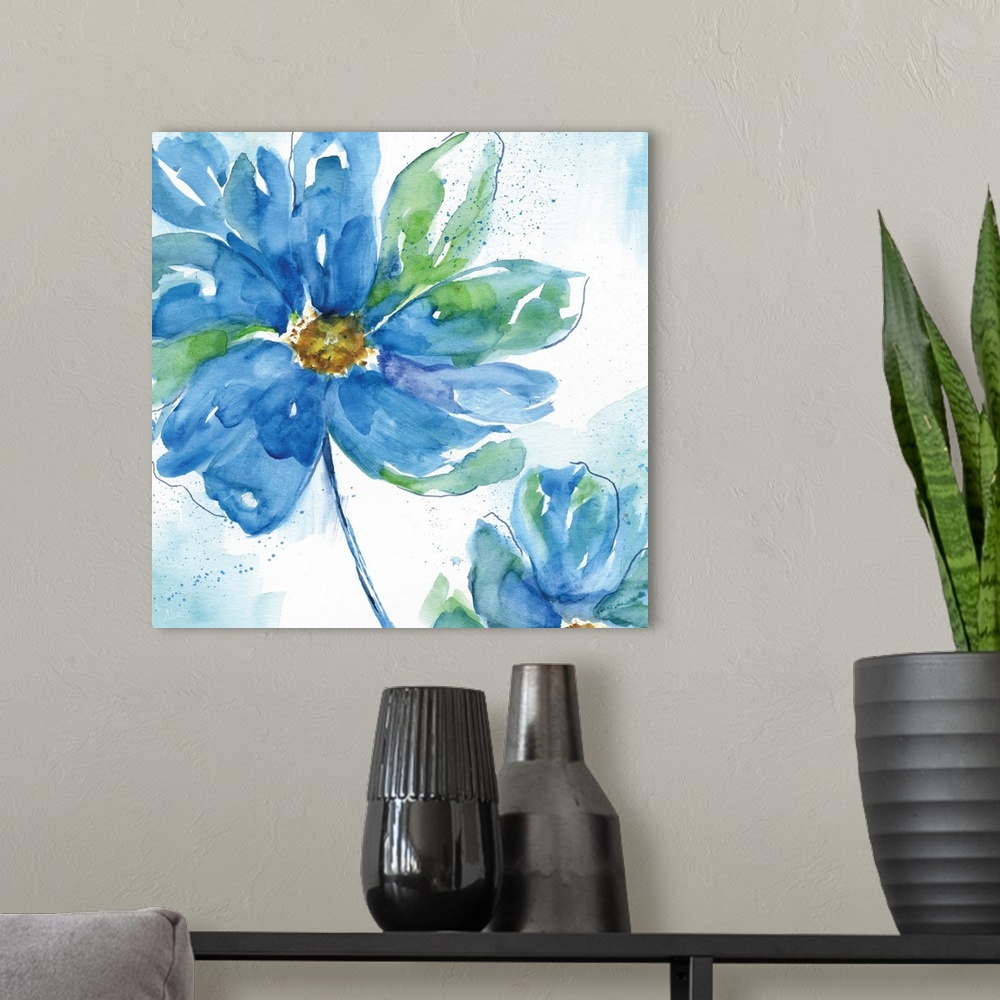 A modern room featuring Square watercolor painting of two flowers made with blue and green hues.