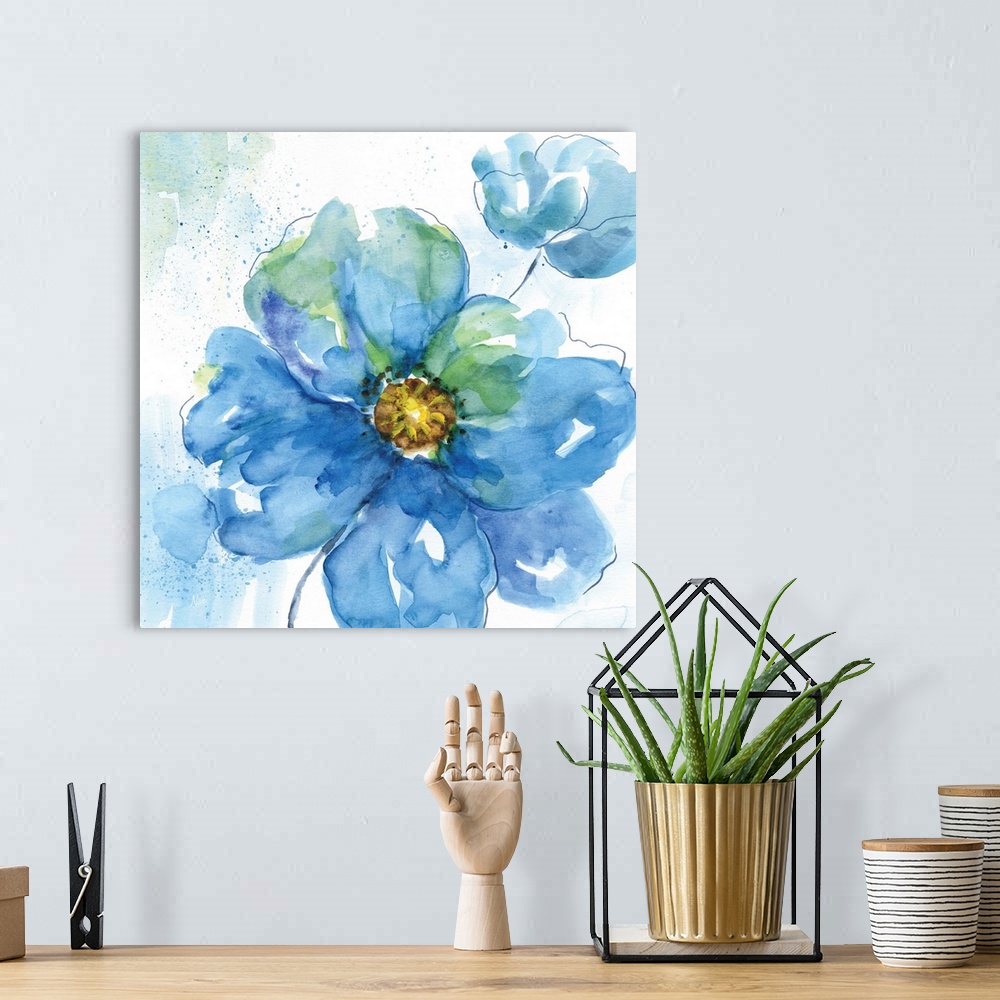 A bohemian room featuring Square watercolor painting of two flowers made with blue and green hues.