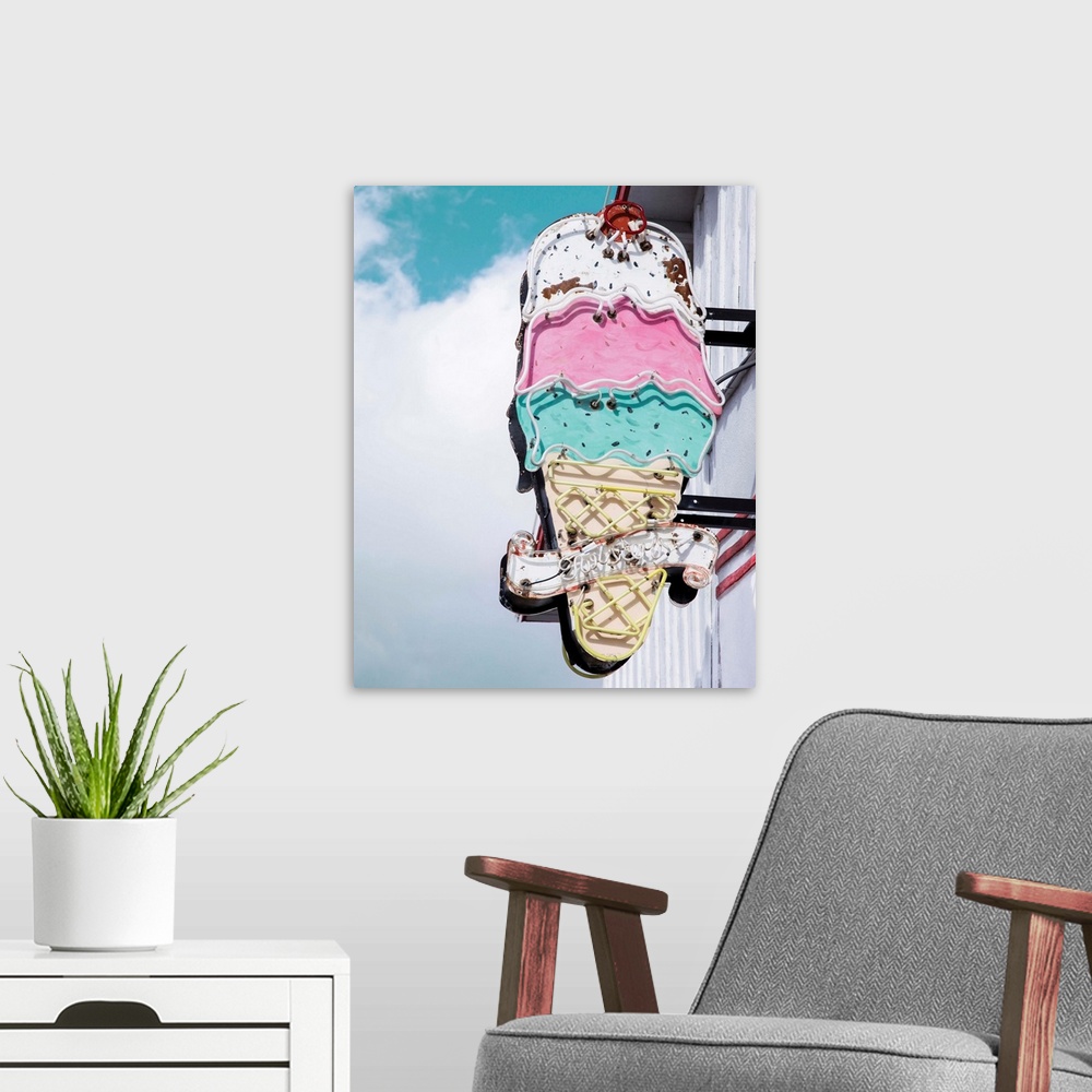 A modern room featuring Photograph of a vintage ice cream sign.