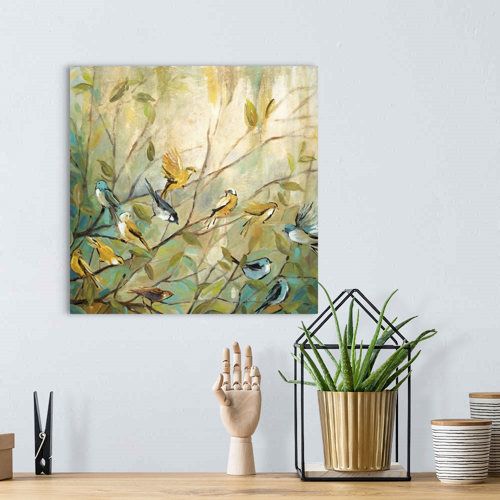 A bohemian room featuring A contemporary painting with blue, yellow, and green hues of twelve birds sitting on small branches