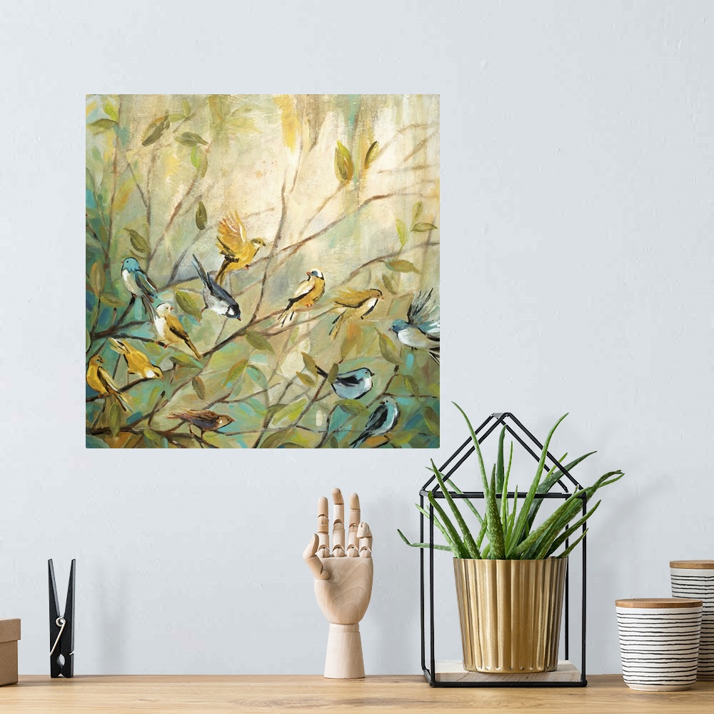 A bohemian room featuring A contemporary painting with blue, yellow, and green hues of twelve birds sitting on small branches
