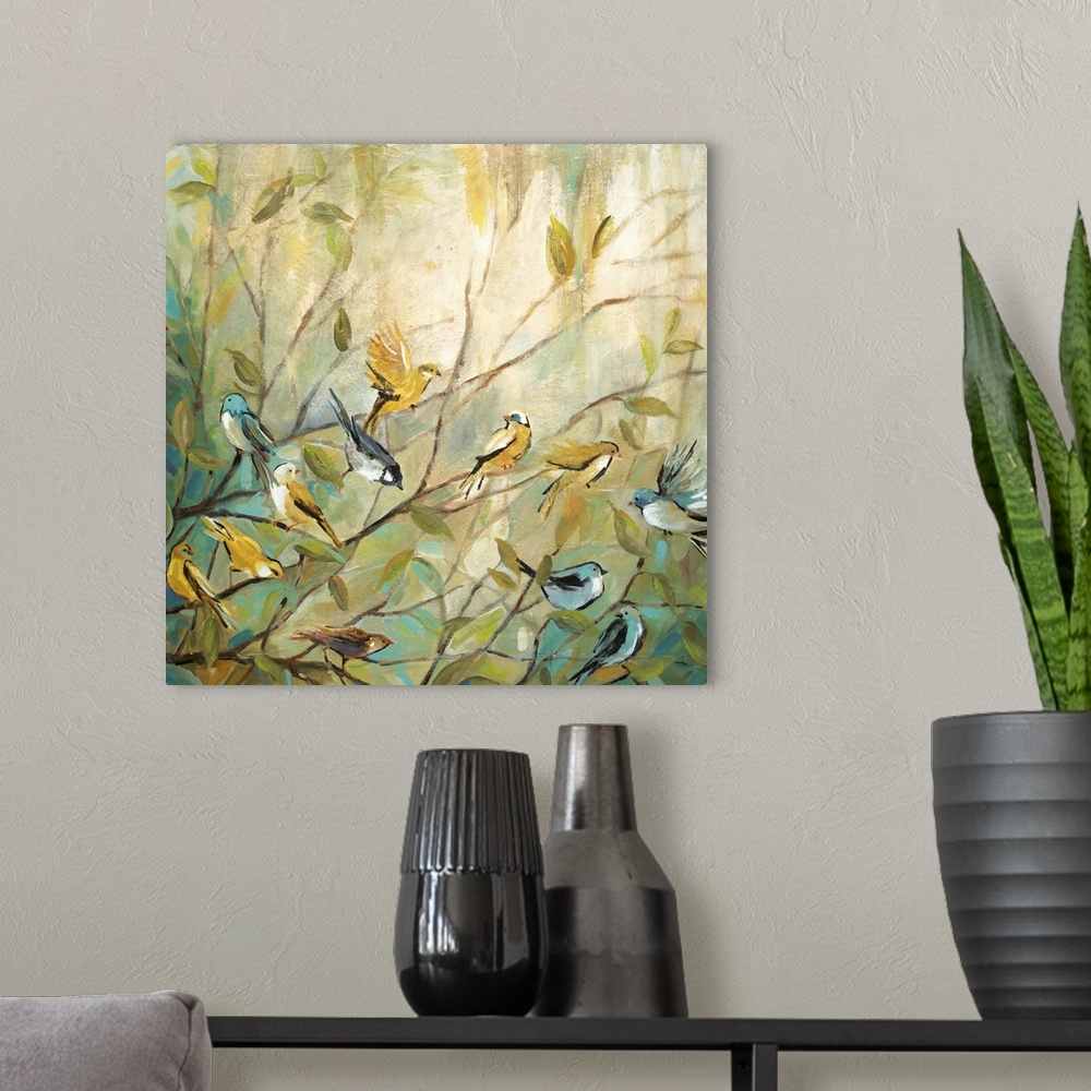 A modern room featuring A contemporary painting with blue, yellow, and green hues of twelve birds sitting on small branches
