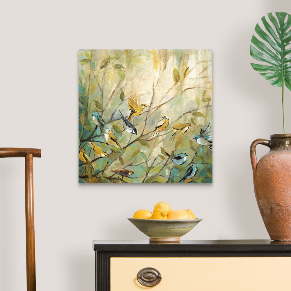 A traditional room featuring A contemporary painting with blue, yellow, and green hues of twelve birds sitting on small branches
