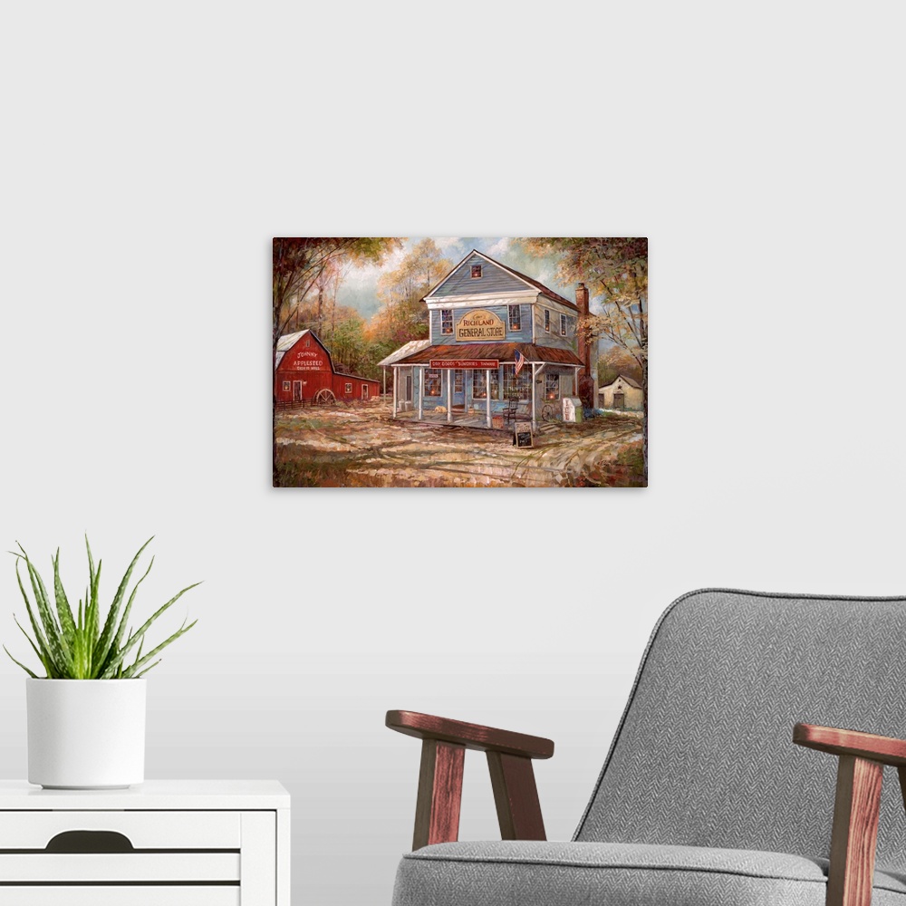 A modern room featuring Contemporary painting of a countryside General Store and a Cider Mill in Autumn.