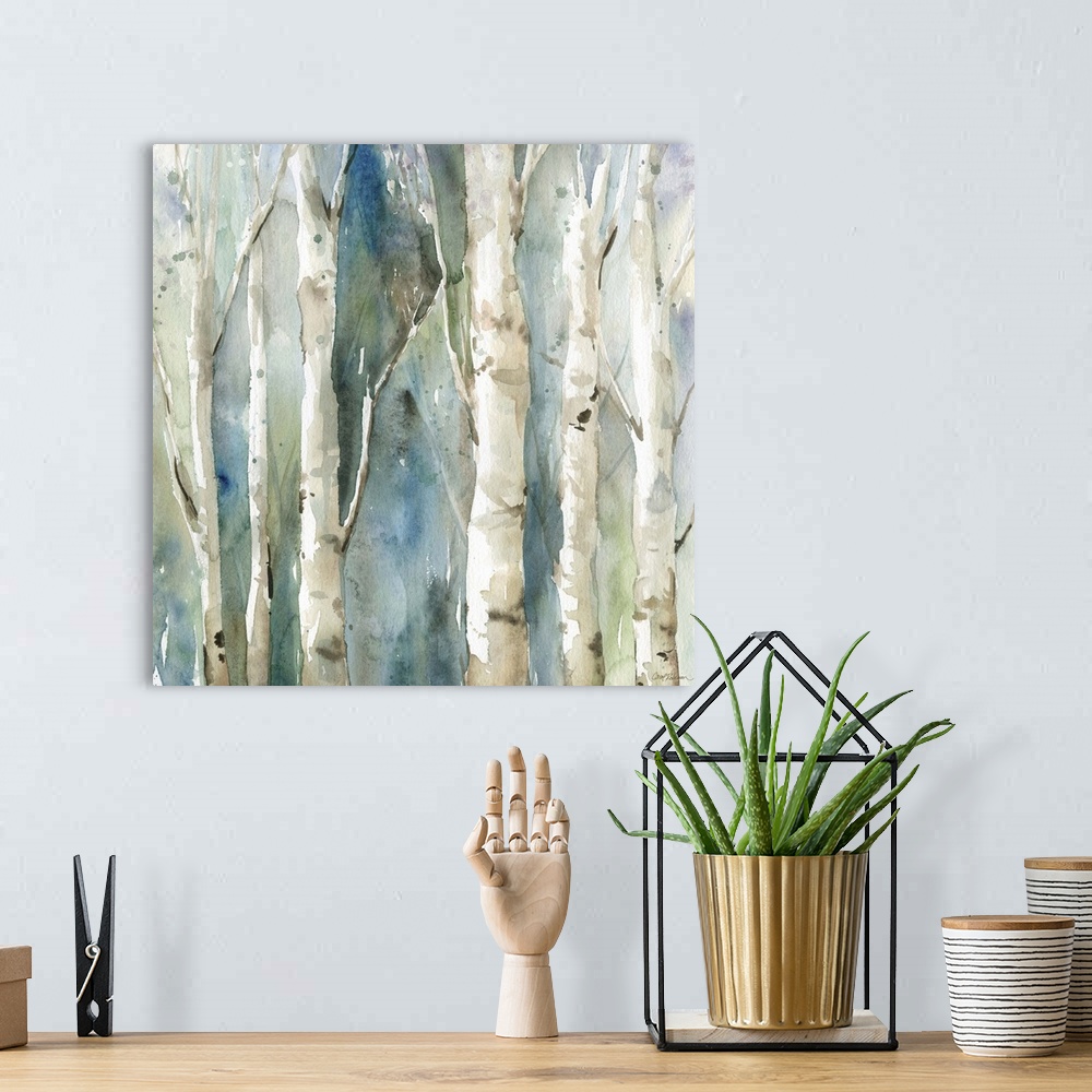 A bohemian room featuring Square watercolor painting of Birch trees with a blue and green toned background.