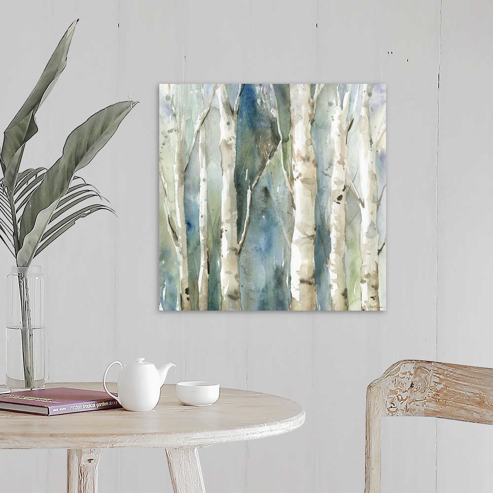 A farmhouse room featuring Square watercolor painting of Birch trees with a blue and green toned background.