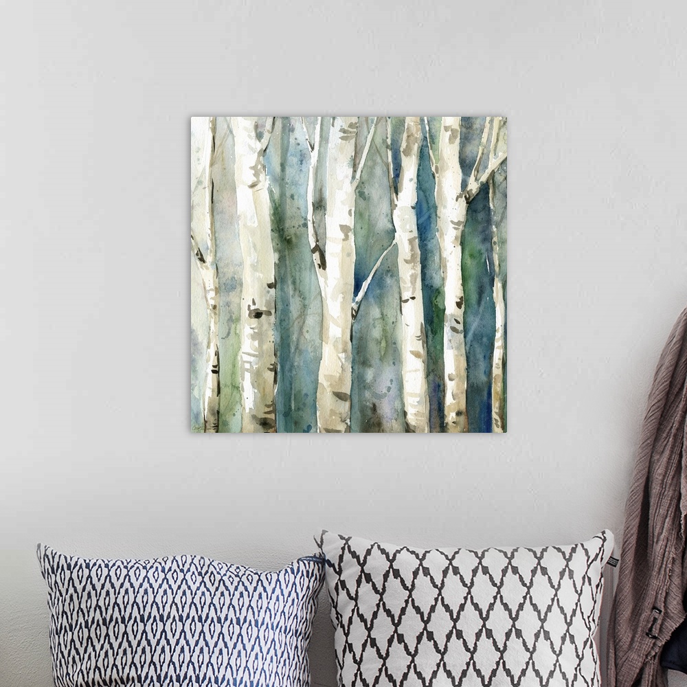 A bohemian room featuring Square watercolor painting of Birch trees with a blue and green toned background.