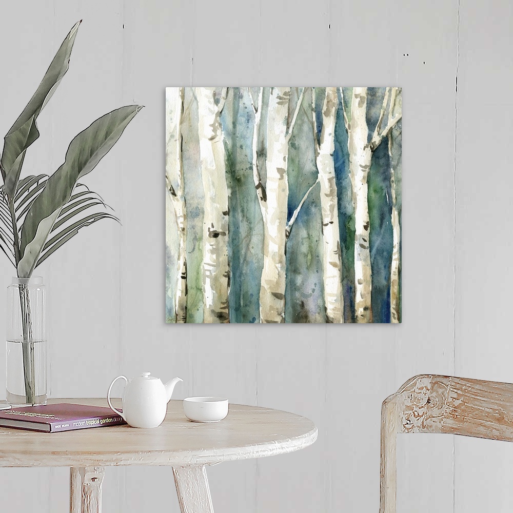A farmhouse room featuring Square watercolor painting of Birch trees with a blue and green toned background.