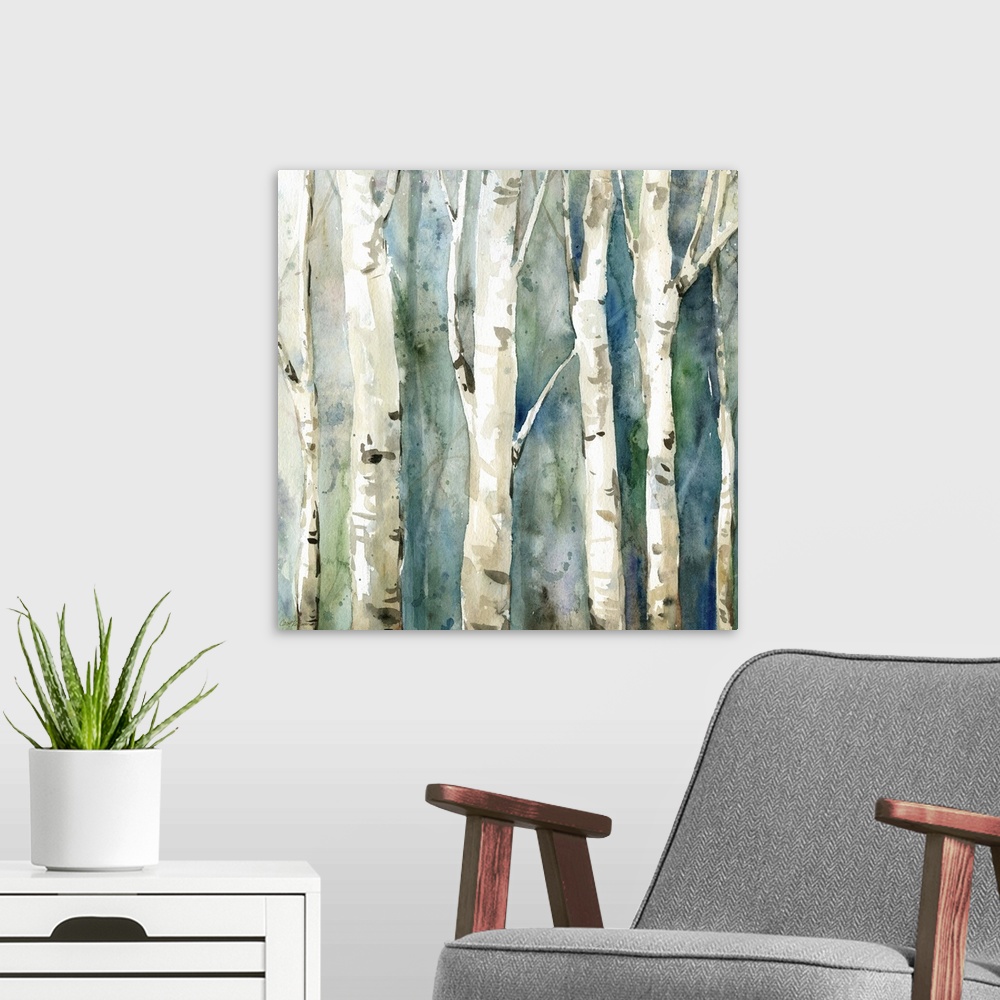 A modern room featuring Square watercolor painting of Birch trees with a blue and green toned background.