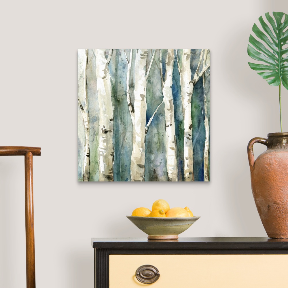A traditional room featuring Square watercolor painting of Birch trees with a blue and green toned background.