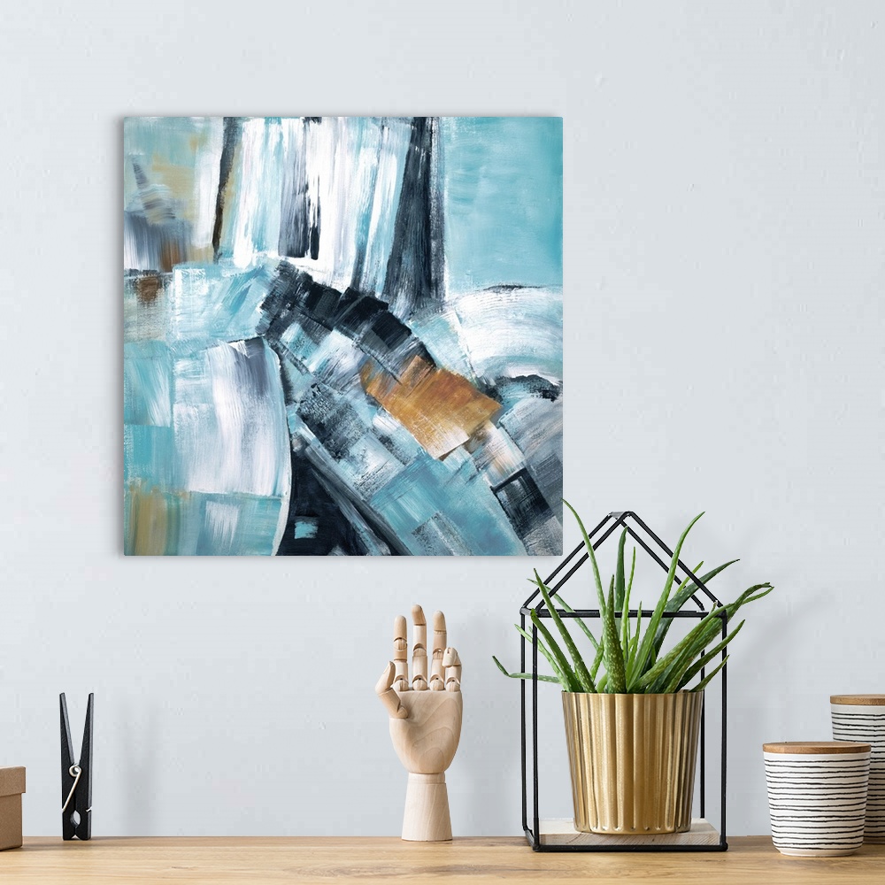 A bohemian room featuring Busy square abstract painting in shades of blue, tan, and grey.