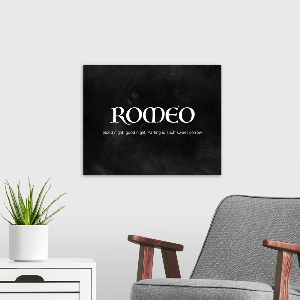 A modern room featuring ?Romeo?  ?Good night, good night. Parting is such sweet sorrow.? On a chalkboard background.�