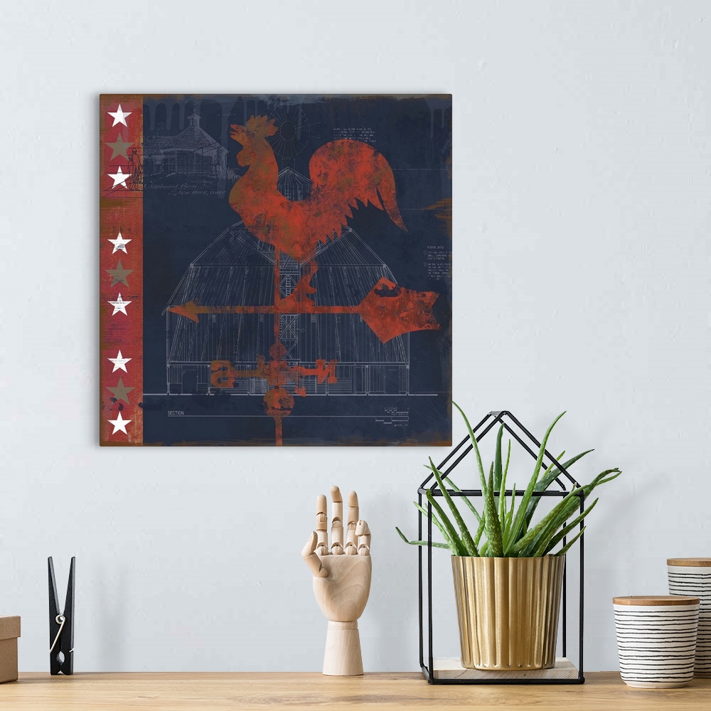 A bohemian room featuring Square red, white, and blue folk art with a red rooster weather vane on top of a white sketch of ...