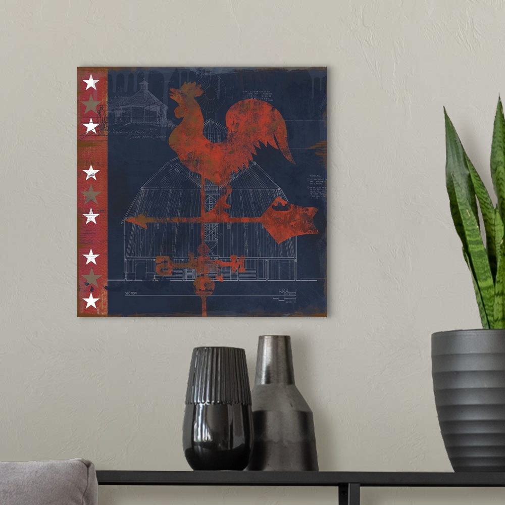 A modern room featuring Square red, white, and blue folk art with a red rooster weather vane on top of a white sketch of ...