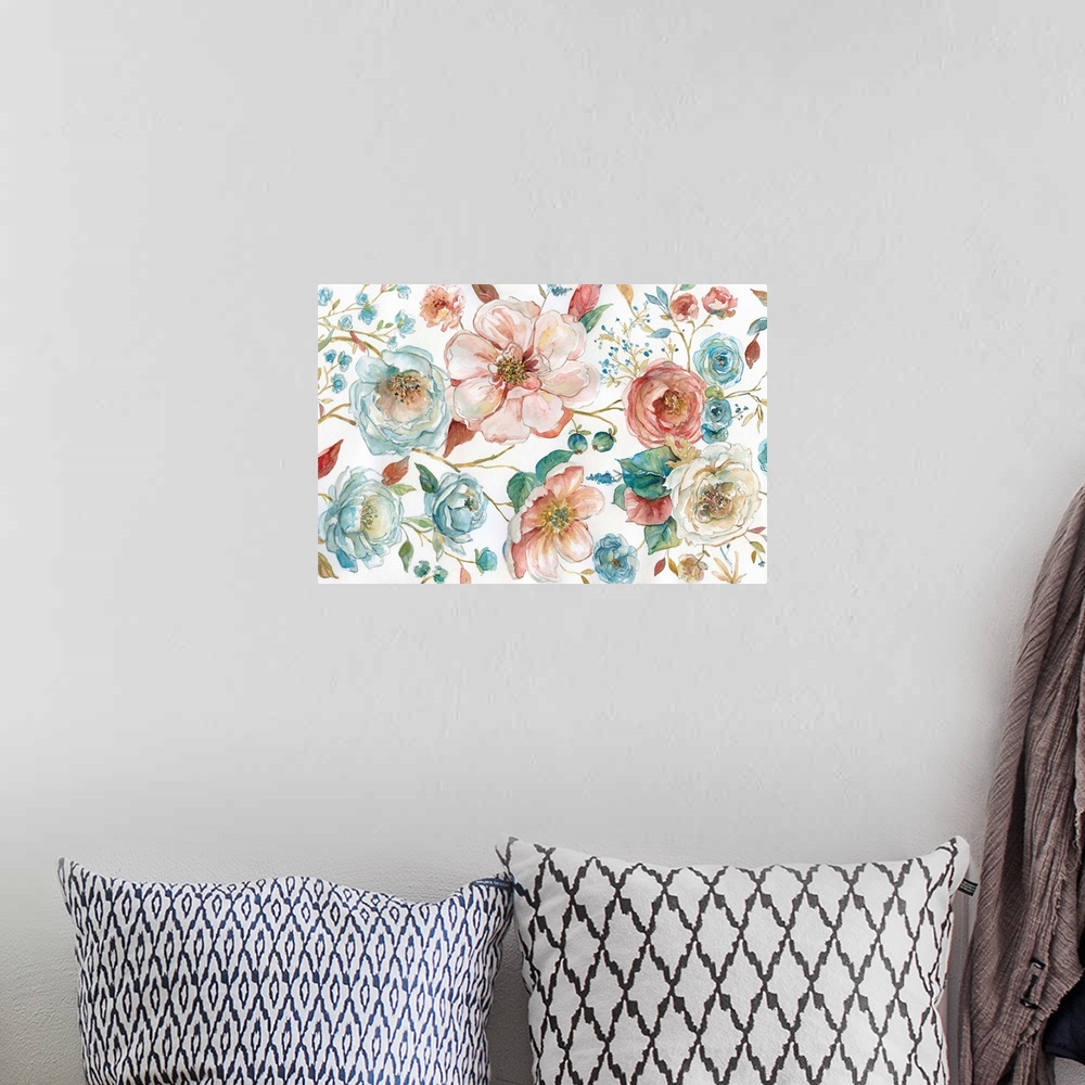 A bohemian room featuring Large watercolor painting of flowers in pink and blue tones on a white background.