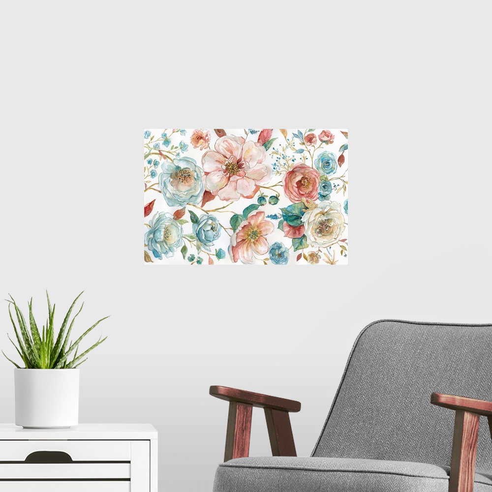 A modern room featuring Large watercolor painting of flowers in pink and blue tones on a white background.
