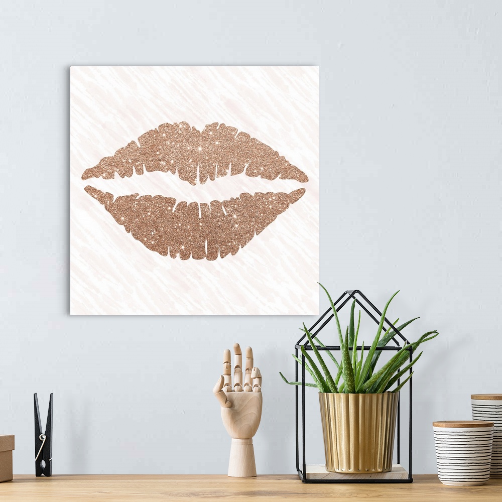 A bohemian room featuring Sparkly pair of rose gold lips on a pale pink and white designed background.