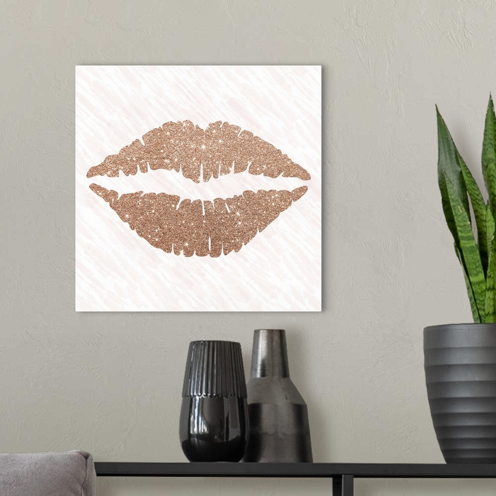 A modern room featuring Sparkly pair of rose gold lips on a pale pink and white designed background.