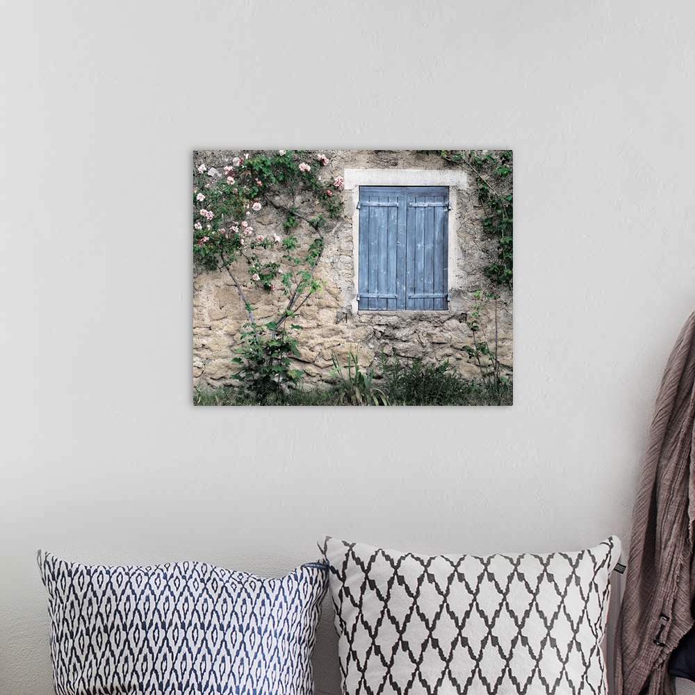 A bohemian room featuring Photograph of a window with blue shutters on a house with roses on the brick wall.