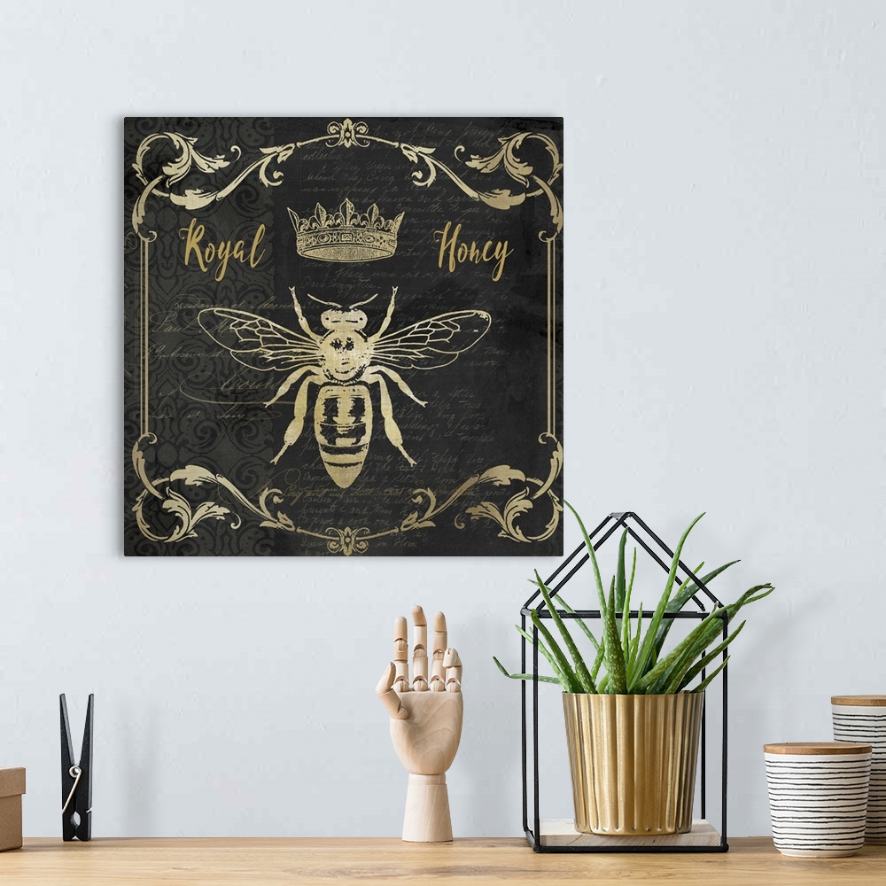A bohemian room featuring Vintage style sign featuring a bee and crown design with a frame of floral flourishes.