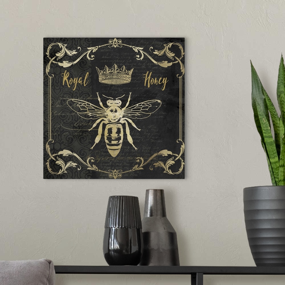 A modern room featuring Vintage style sign featuring a bee and crown design with a frame of floral flourishes.