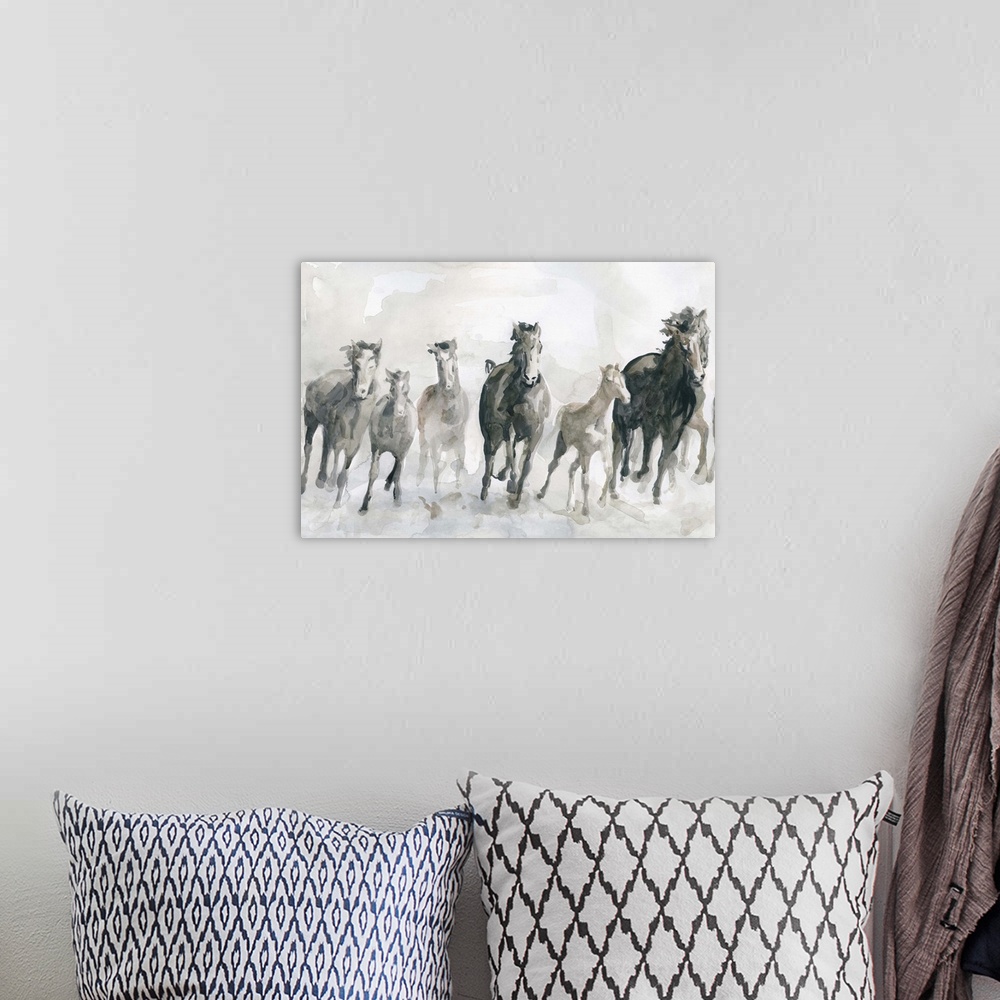 A bohemian room featuring Watercolor painting of a pack of galloping horses in neutral tones with a hint of blue.