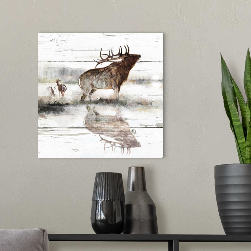 A modern room featuring Square painting of elf  on a white distressed shiplap background.