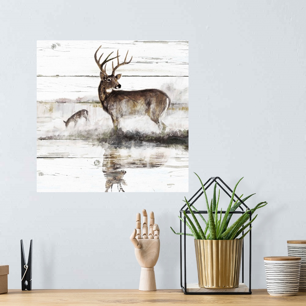 A bohemian room featuring Square painting of a deer and a doe on a white distressed shiplap background.