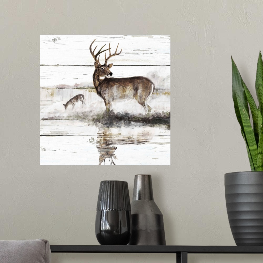 A modern room featuring Square painting of a deer and a doe on a white distressed shiplap background.