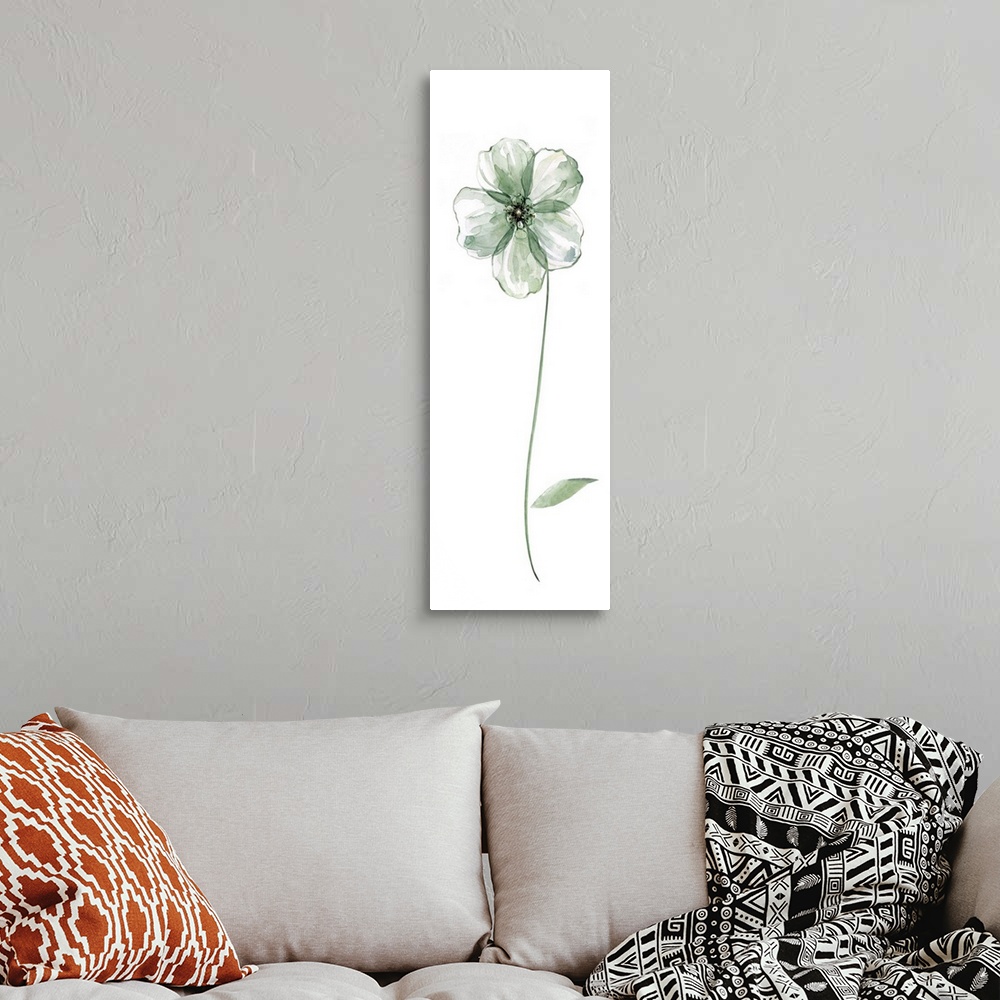 A bohemian room featuring Tall watercolor painting of a green flower with a long stem on a solid white background.