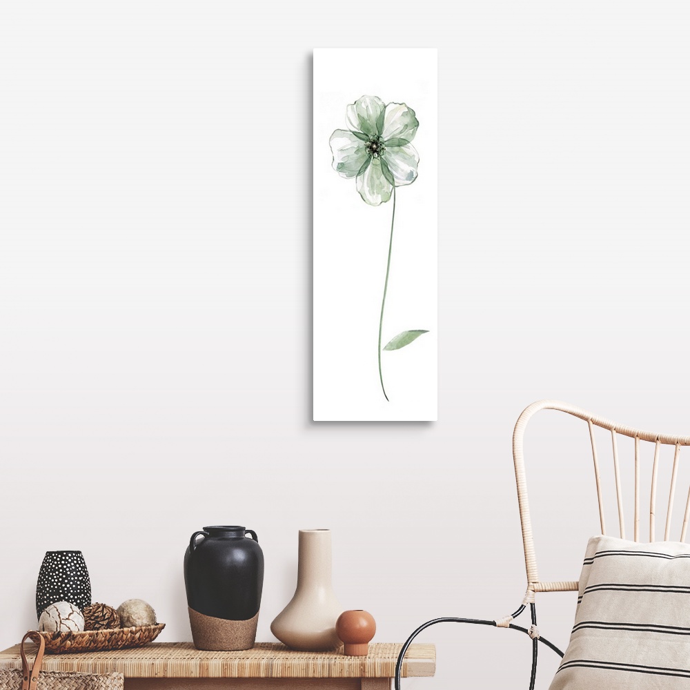 A farmhouse room featuring Tall watercolor painting of a green flower with a long stem on a solid white background.
