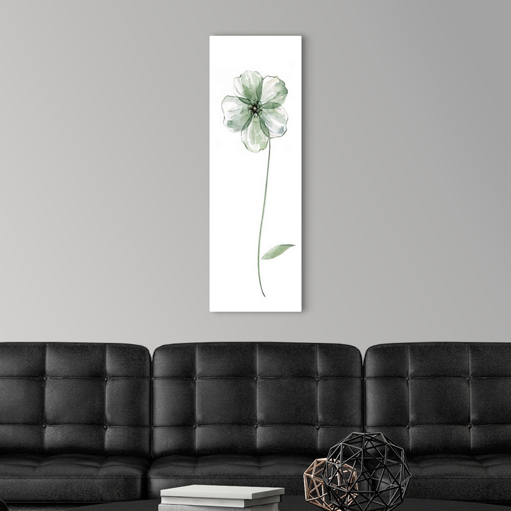A modern room featuring Tall watercolor painting of a green flower with a long stem on a solid white background.