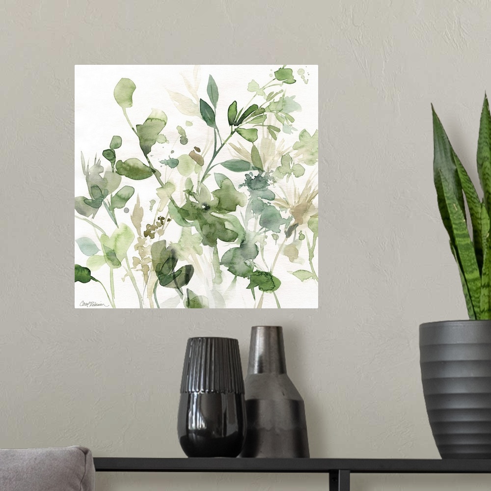 A modern room featuring Square watercolor painting of an abstract garden with flowers and vegetation in shades of green, ...