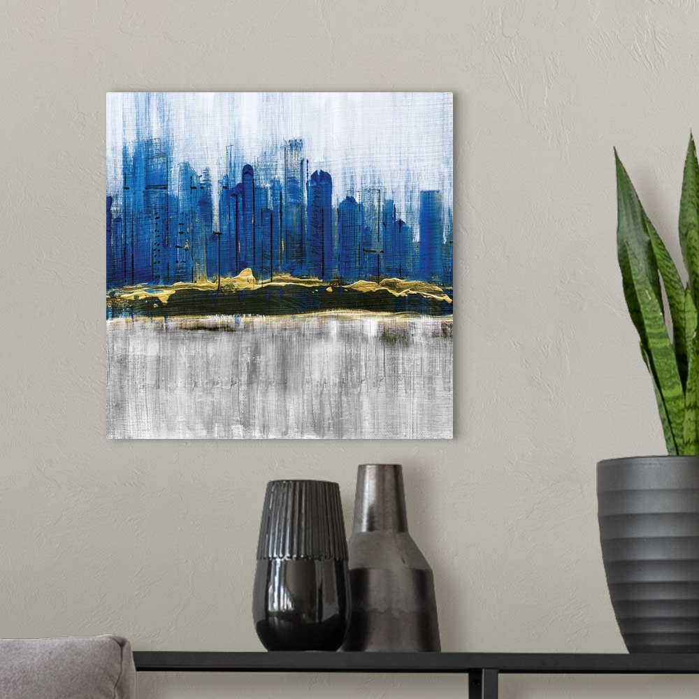 A modern room featuring Square abstract painting of a city skyline in shades of blue with gold on a gray and white backgr...