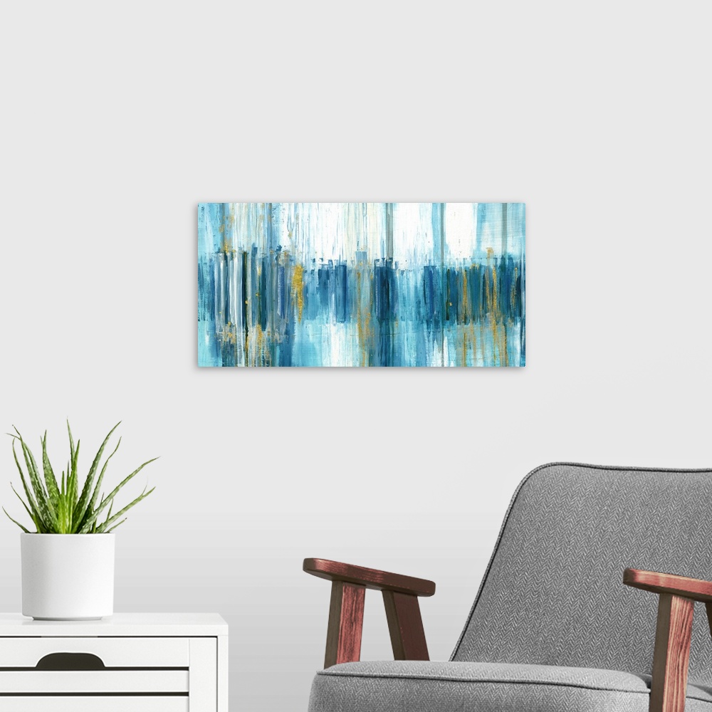 A modern room featuring Large abstract painting with blue brushstrokes in shades of blue running vertically down the canv...