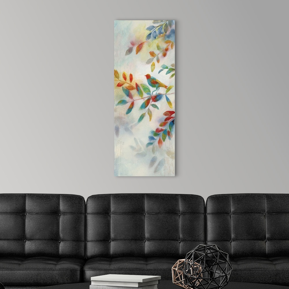 A modern room featuring Tall painting of colorful branches and leaves with a bird perched in the middle.