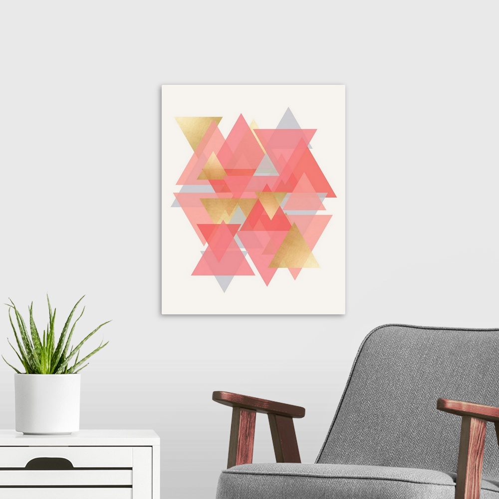 A modern room featuring A vertical geometric design of a group of overlapping triangles in pink and gold.