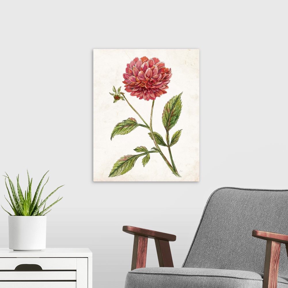 A modern room featuring Vintage painting of red, pink, and orange scarlet begonias.