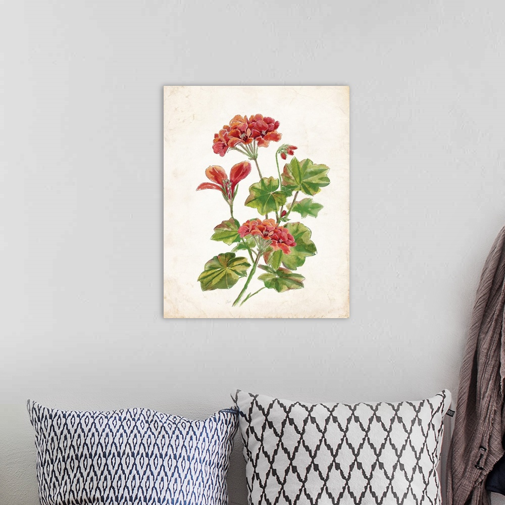 A bohemian room featuring Vintage painting of red, pink, and orange scarlet begonias