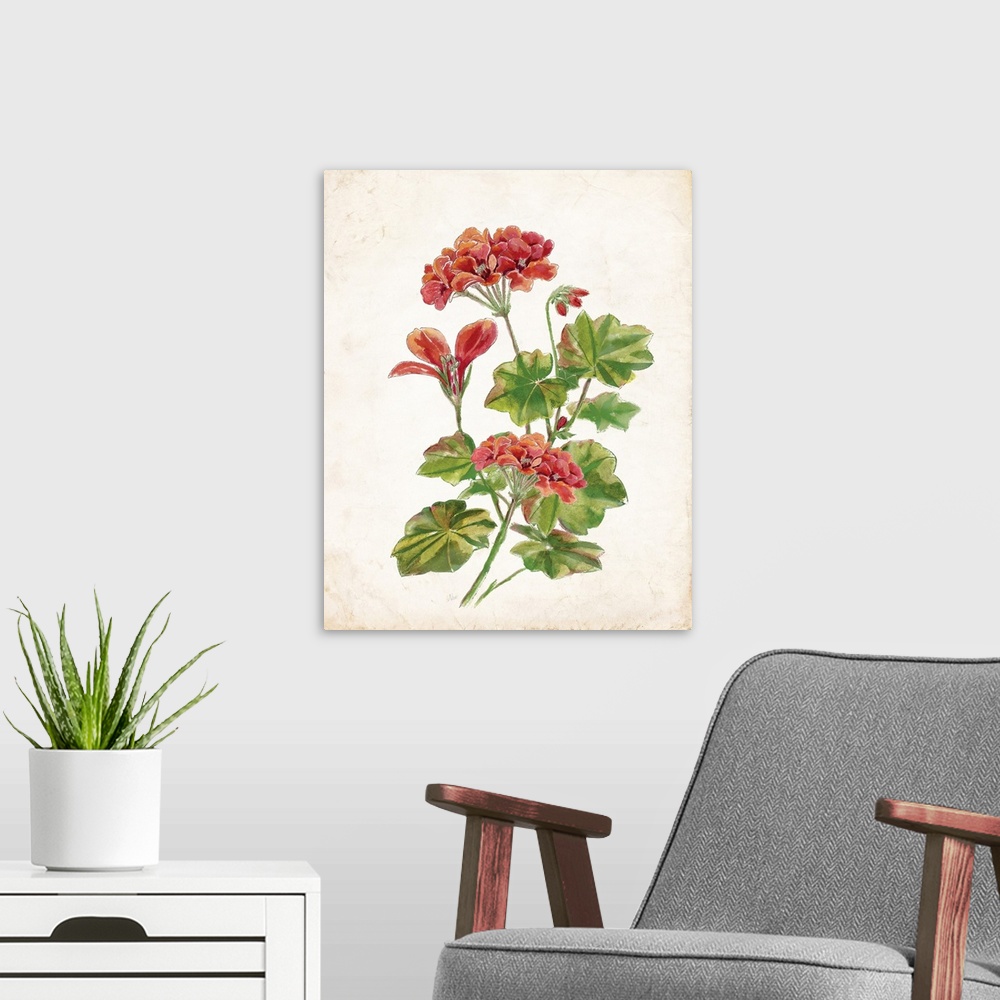 A modern room featuring Vintage painting of red, pink, and orange scarlet begonias