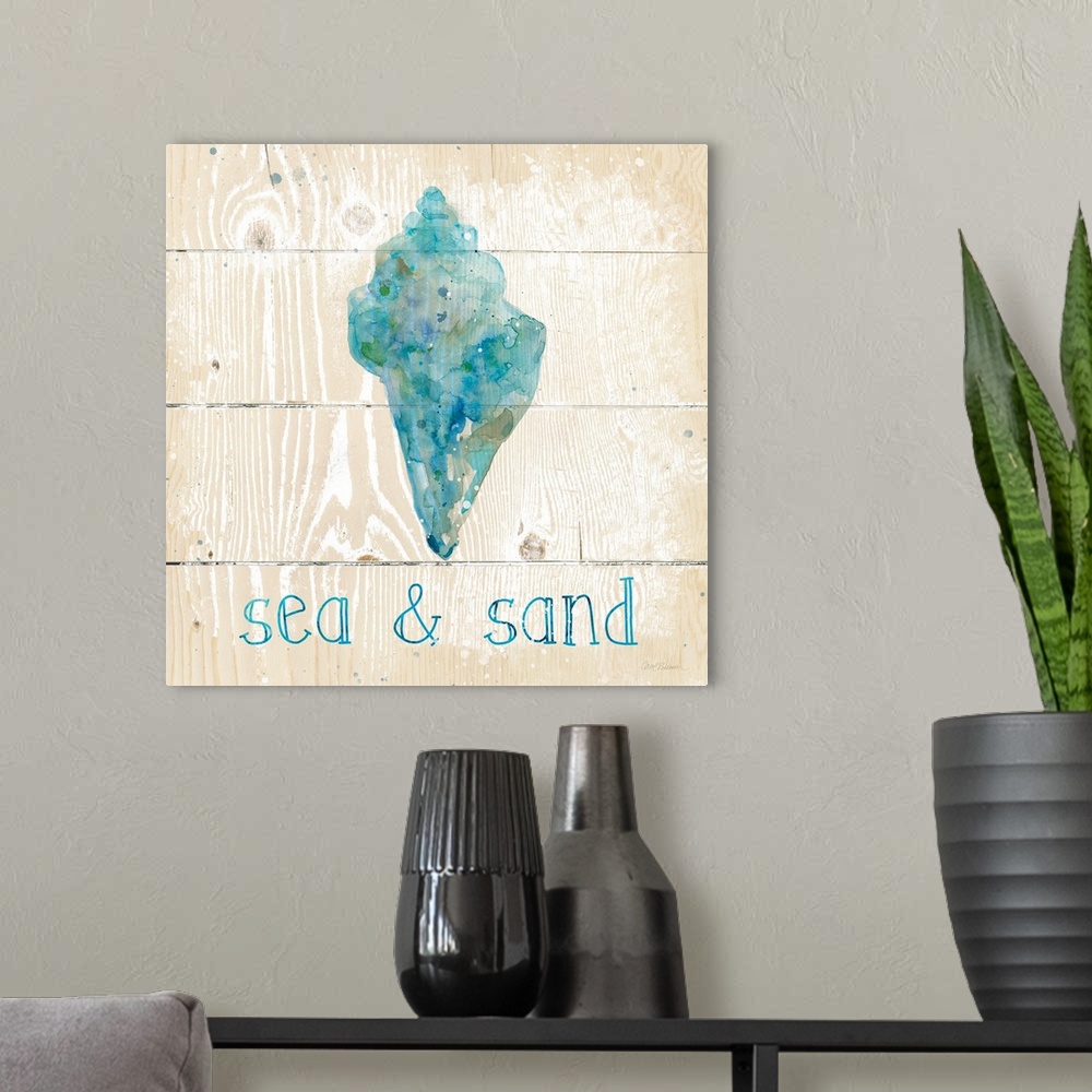 A modern room featuring A beach themed watercolor on a wooden background.