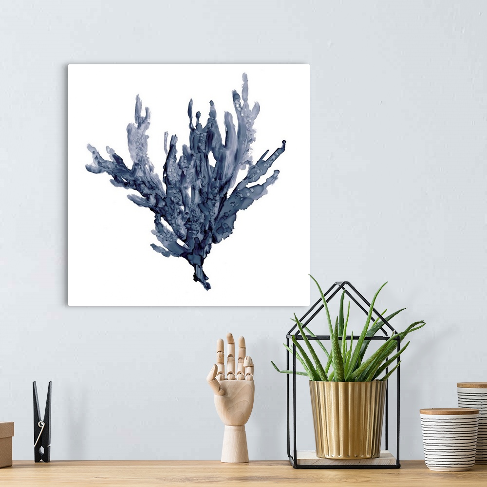 A bohemian room featuring Square watercolor painting of blue coral on a solid white background.