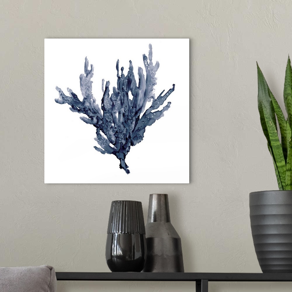 A modern room featuring Square watercolor painting of blue coral on a solid white background.