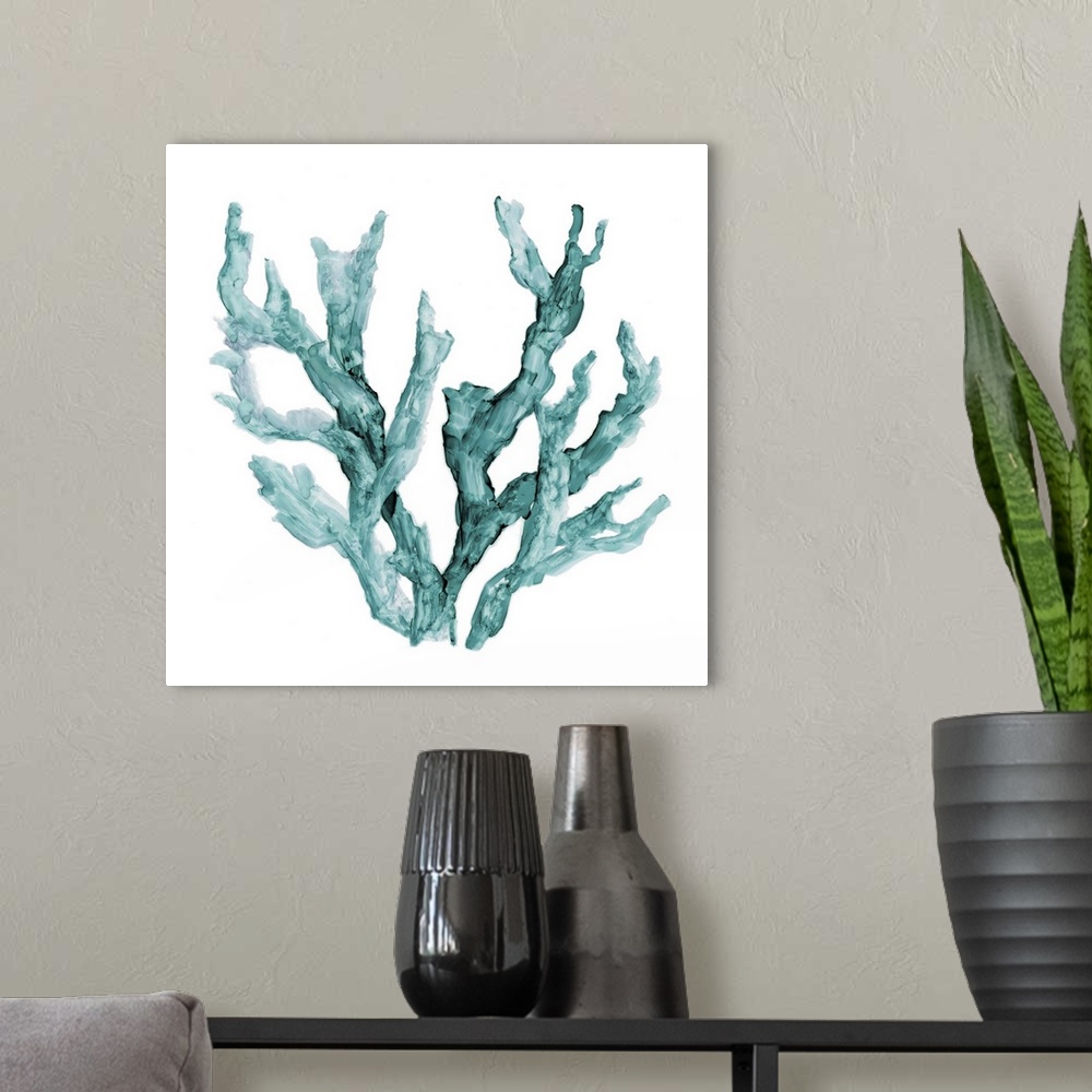 A modern room featuring Square watercolor painting of teal coral on a solid white background.