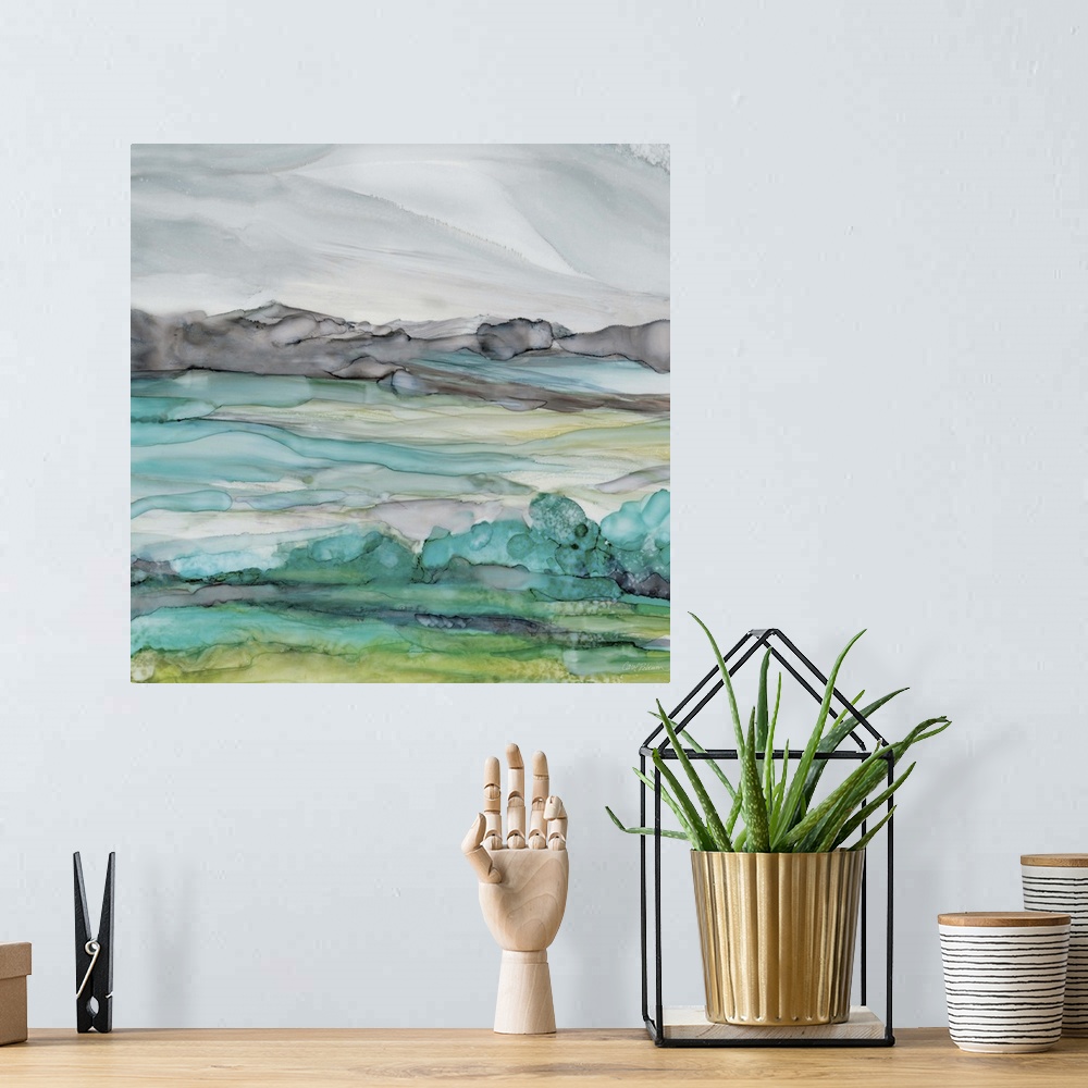 A bohemian room featuring Square watercolor painting of a seascape in bright shades of blue and green with some contrasting...