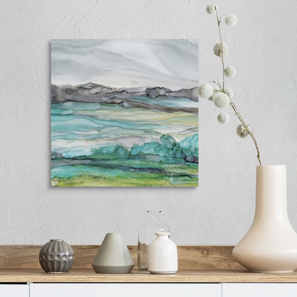 A farmhouse room featuring Square watercolor painting of a seascape in bright shades of blue and green with some contrasting...