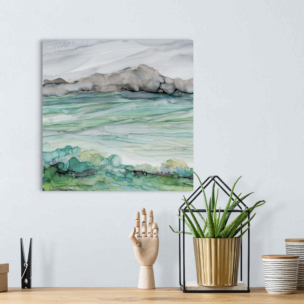 A bohemian room featuring Square watercolor painting of a seascape in bright shades of blue and green with some contrasting...
