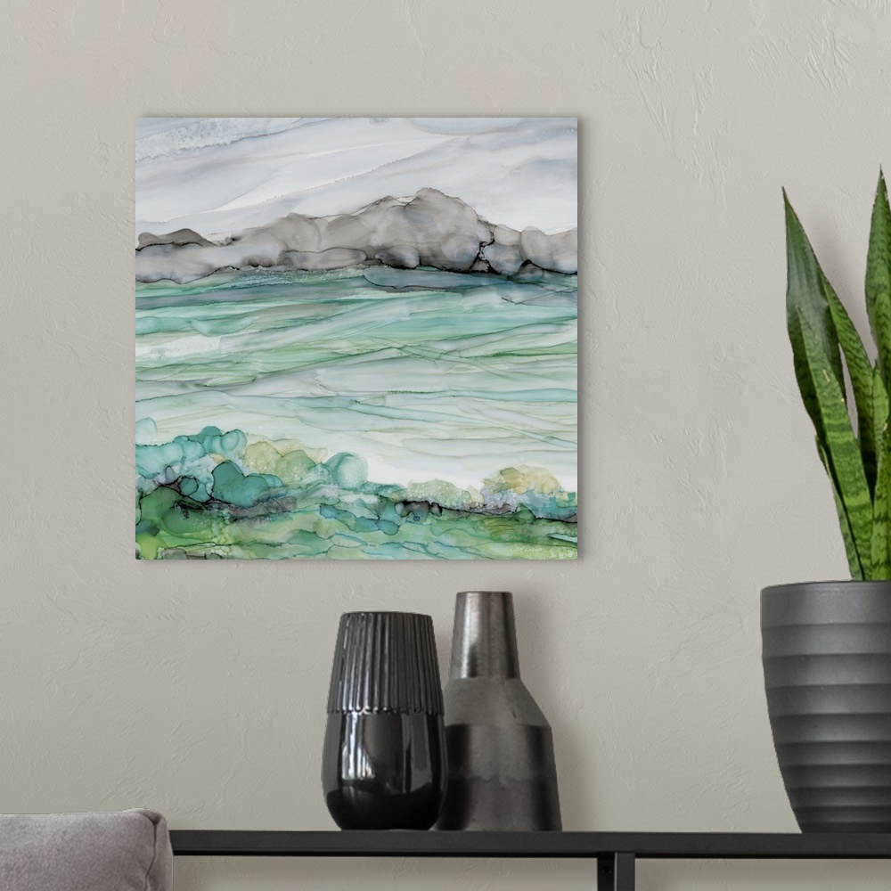 A modern room featuring Square watercolor painting of a seascape in bright shades of blue and green with some contrasting...