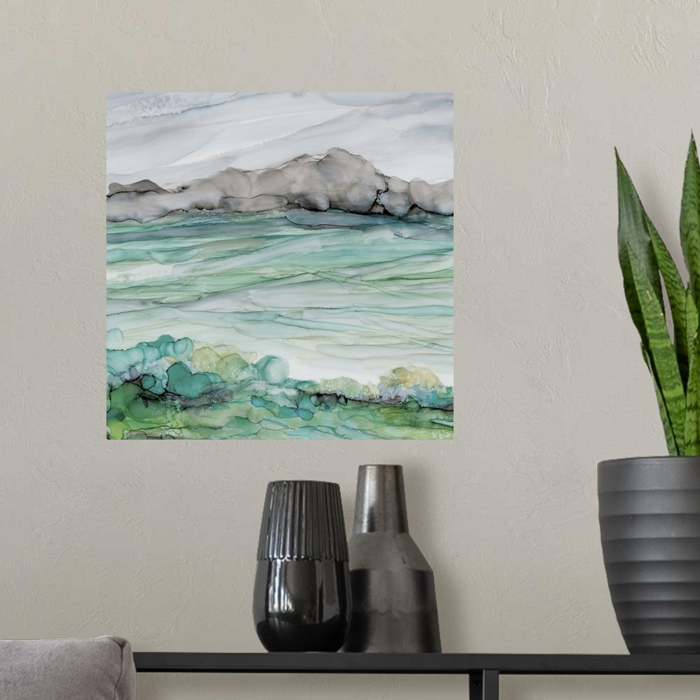 A modern room featuring Square watercolor painting of a seascape in bright shades of blue and green with some contrasting...